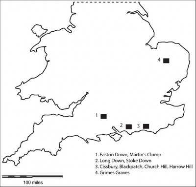 Figure 1. Location map of known British flint mines.